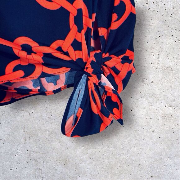 Frank Lyman Chain Print Knit Top Women’s Size 14 Navy Blue Orange Bell Sleeves - Picture 9 of 12